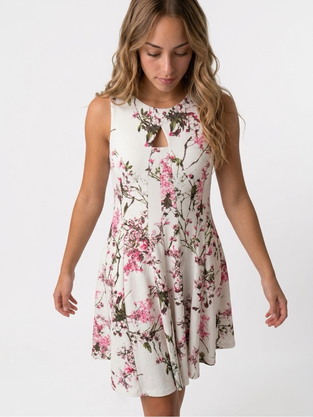 Christopher & Banks Cream Floral Keyhole Midi Dress with Pink Blossoms